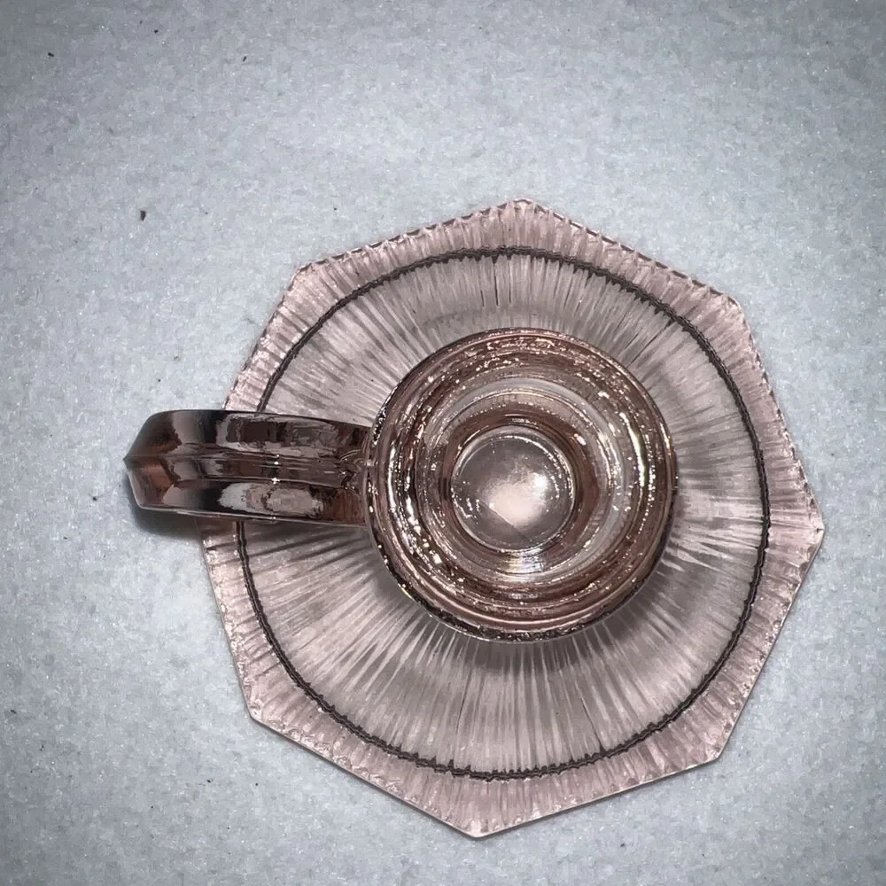 Vintage Pink Glass Candle Holder Chamberstick Ribbed Hexagon Depression